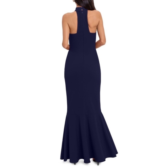 NWT Xscape High Neck Halter Mermaid Gown w/ Front Ruffle in Navy Sz. 4 - Picture 3 of 3